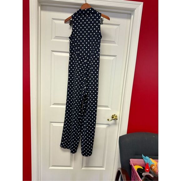 Nina Leonard Navy Polka Dot Sleeveless Collared Jumpsuit Sz S - Picture 5 of 7
